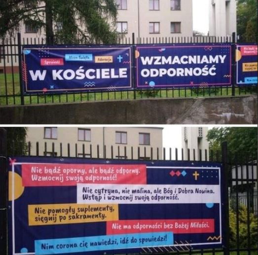 Koronawirus. Katowice. Na płocie jednego z kościołów zawisły banery z kontrowersyjnymi hasłami 