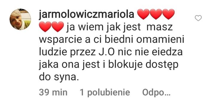 Komentarz matki Joanny Jarmołowicz na Instagramie