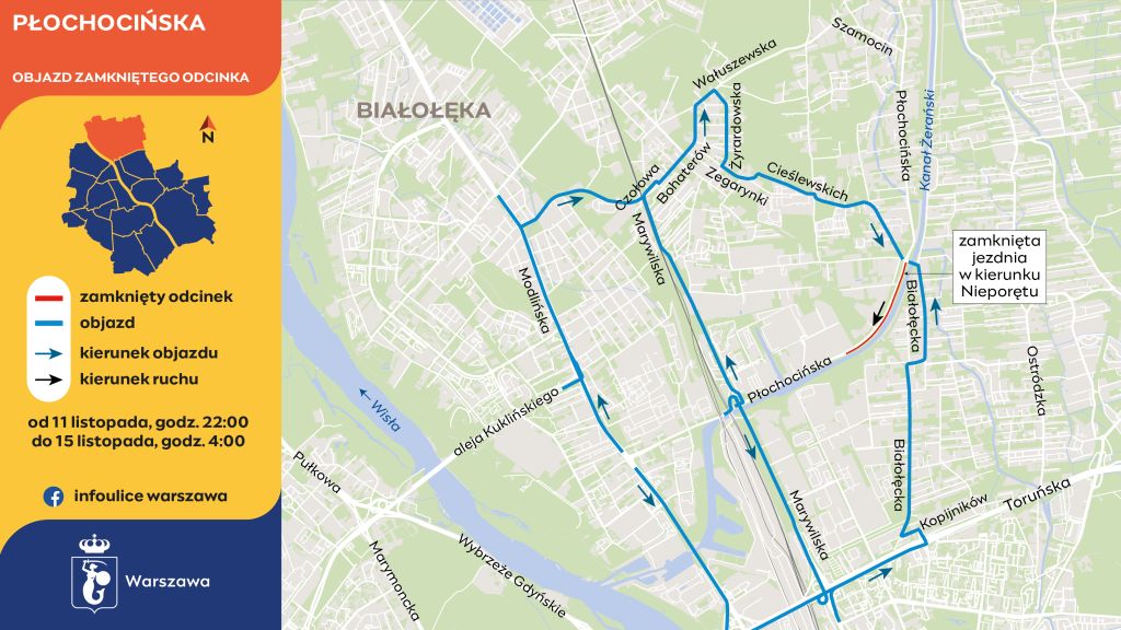 Inforgrafika przedstawia objazdy wyznaczone ulicami Cieślewskich i Białołęcką wyznaczone podczas wymiany nawierzchni na jezdni ulicy Płochocińskiej w kierunku Nieporętu, od zawrotki przed przystankiem autobusowym Zaplecze do skrzyżowania z ulicą Cieślewskich