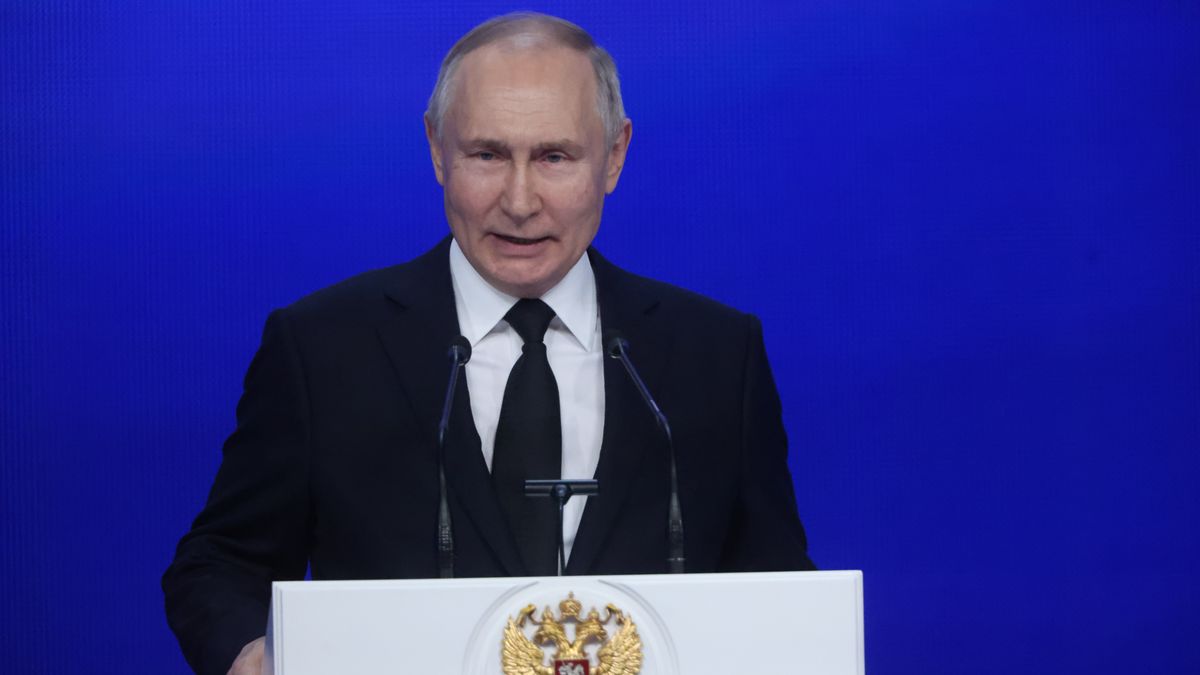 MOSCOW, RUSSIA - FEBRUARY 9: (RUSSIA OUT) Russian President Vladimir Putin speeches during an event marking the 100th anniversary of domestic civil aviation at the State Kremlin Palace, on February 9, 2023 in Moscow, Russia. The Russian aviation industry is under strong Western sanctions after the start of the military invasion on Ukraine. (Photo by Contributor/Getty Images)