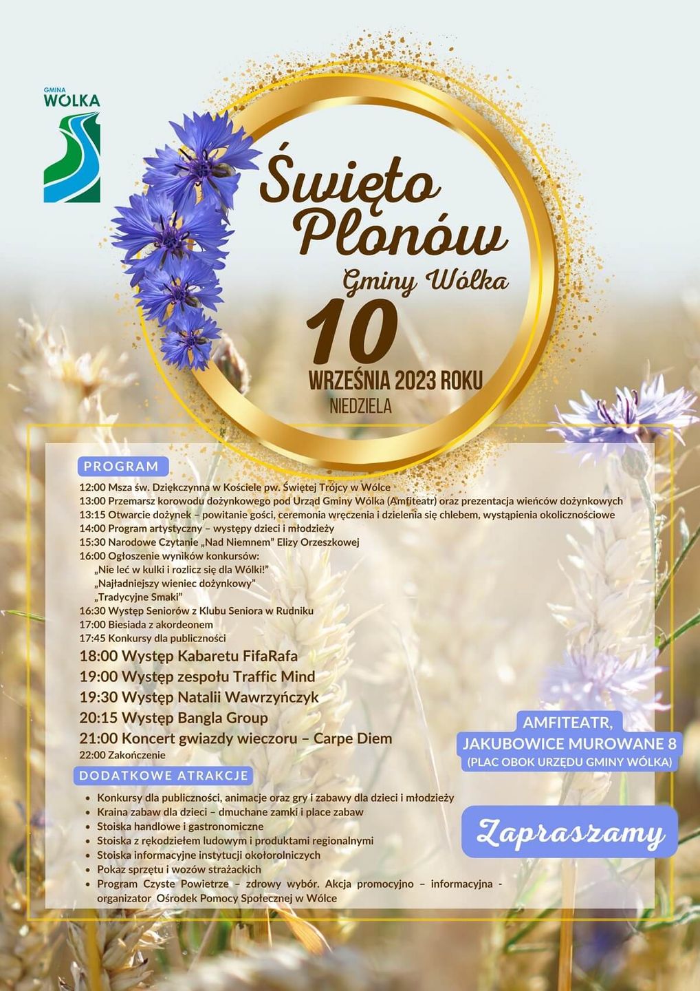 Dożynki w Jakubowicach Murowanych 2023 - plakat, program wydarzenia