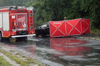 Pleszew: Tragiczny wypadek. Samochód elektryczny uderzył w przydrożne drzewo. Auto stanęło w płomieniach. Kierowca nie przeżył