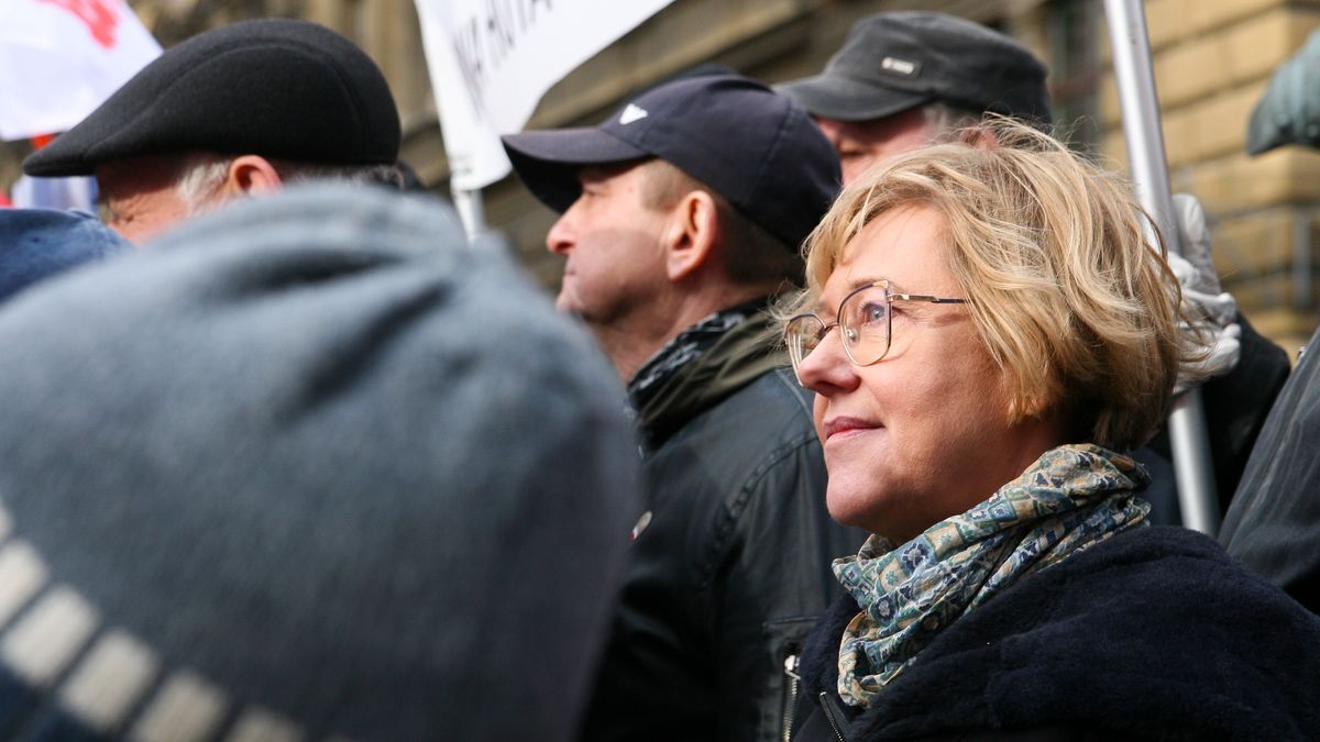 Barbara Nowak is protesting against changes in public media and in defense of Mariusz Kaminski and Maciej Wasik at Matejki Square in Krakow, Poland, on February 3, 2024. The new coalition government's changes to the public media have sparked protests from PiS supporters. The occupation of the public television's headquarters by PiS party politicians and the liquidation of TVP are a result of personnel changes and the president's veto on a budget-related bill. A protest has been organized at Matejki Square in solidarity with Mariusz Kaminski and Maciej Wasik, who are being detained by the police. (Photo by Klaudia Radecka/NurPhoto via Getty Images)