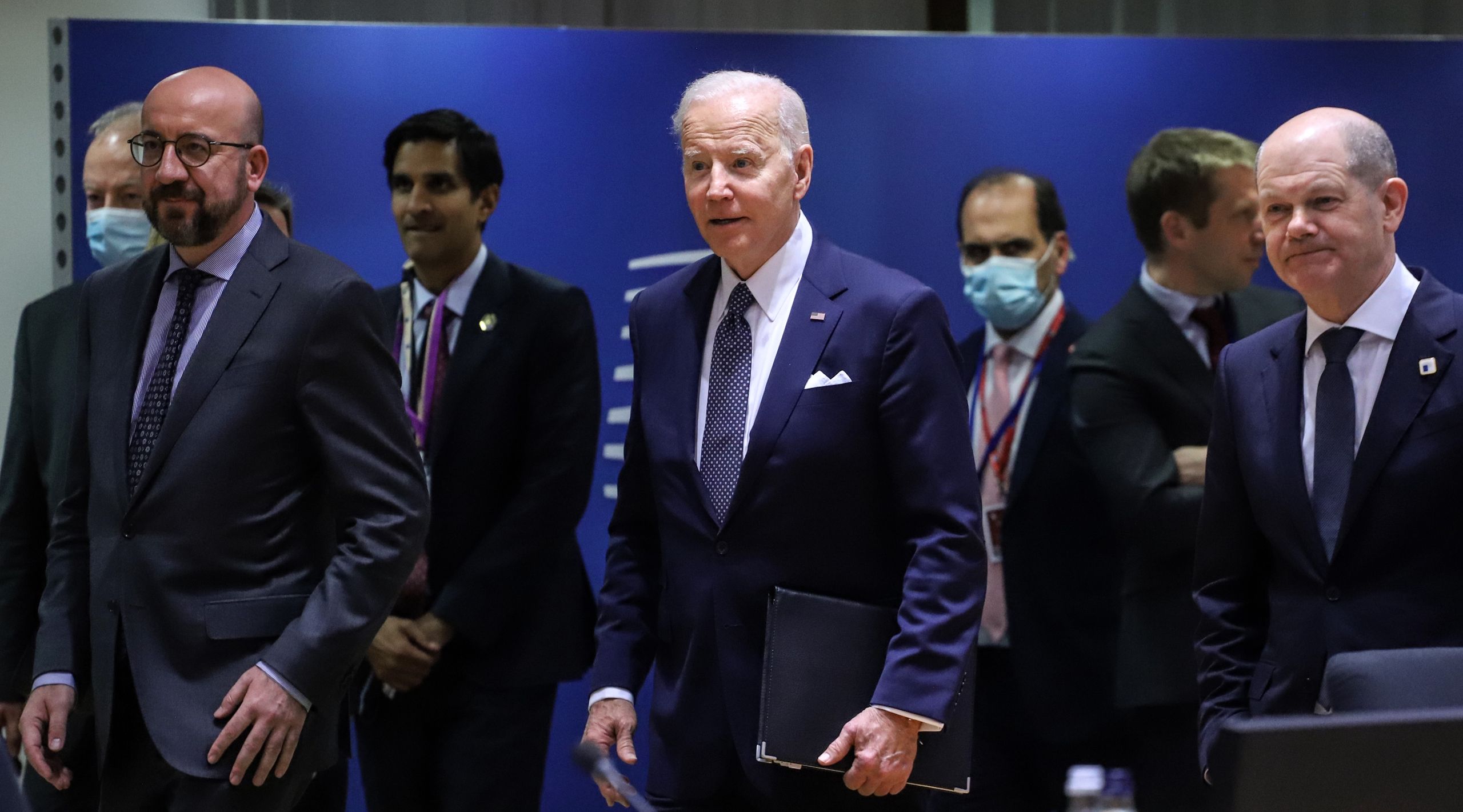 Charles Michel, president of the European Council, from left, U.S. President Joe Biden, and Olaf Scholz, Germany's chancellor, attend a European Union leaders summit to discuss support for Ukraine at the EU Council headquarters in Brussels, Belgium, on Thursday, March 24, 2022. U.S. President Joe Biden and other leaders gathered in Brussels today for meetings of the North Atlantic Treaty Organization, the European Union and the Group of Seven leading economies. Photographer: Valeria Mongelli/Bloomberg via Getty Images
