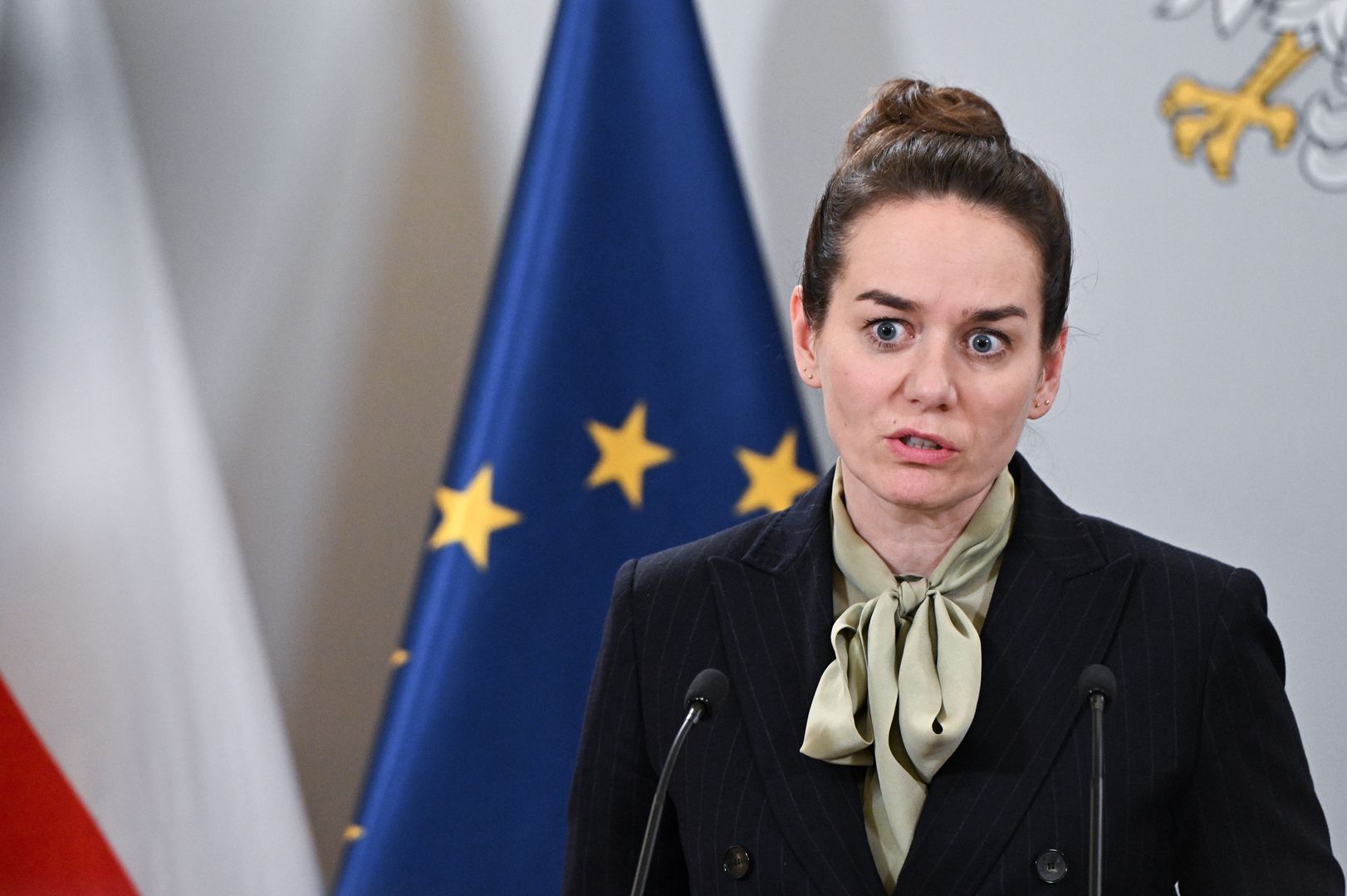 Warszawa, 26.02.2024. Wiceminister sprawiedliwości Maria Ejchart podczas konferencji prasowej po wysłuchaniu kandydatów na stanowisko prokuratora krajowego, 26 bm. w siedzibie resortu w Warszawie. (amb) PAP/Radek Pietruszka