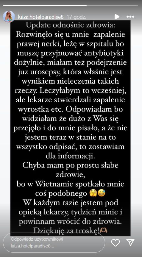 Luiza Krefft przekazała najnowsze wieści o stanie swojego zdrowia