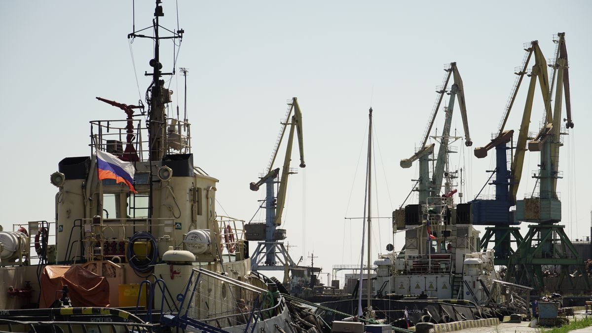 BERDYANSK, UKRAINE - AUGUST 4: A photo shows a view from Berdyansk Port in Berdyansk, in the Zaporizhzhia Oblast, Ukraine on August 4, 2022. Berdyansky, an international sea trading port, started into action from August 2022. The water area of ââthe port has been completely cleaned, all the docks have been cleared of garbage. The port was made operable. Harbor tugs were anchored and ready to work for loading with ships. (Photo by Stringer/Anadolu Agency via Getty Images)