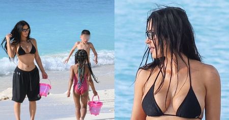 Kim Kardashian hasa po rajskiej plaży w towarzystwie gromadki dzieci. Imponująca forma 43-latki? (ZDJĘCIA)