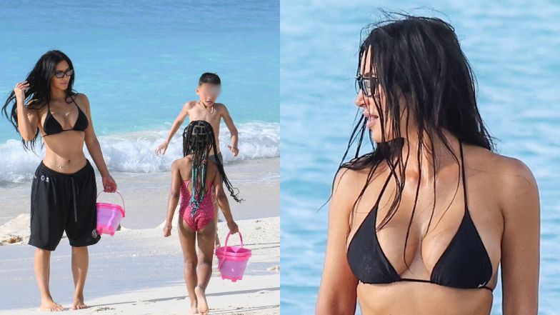 Kim Kardashian hasa po rajskiej plaży w towarzystwie gromadki dzieci. Imponująca forma 43-latki? (ZDJĘCIA)
