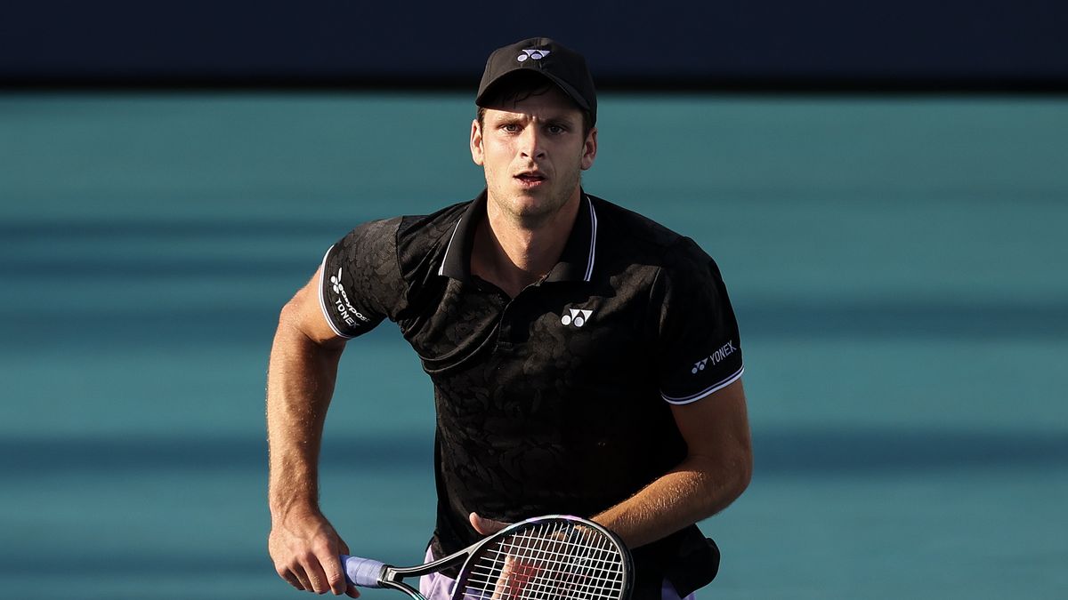 MIAMI GARDENS, FLORIDA - MARCH 27: Hubert Hurkacz of Poland reacts during a match against Adrian Mannarino of France during the Miami Open at Hard Rock Stadium on March 27, 2023 in Miami Gardens, Florida. (Photo by Tim Nwachukwu/Getty Images)