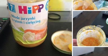 Kawałek plastiku w daniu Hipp