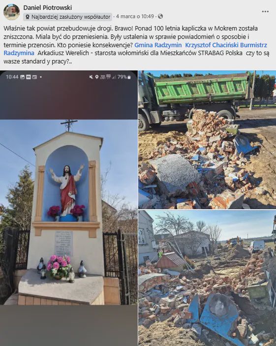 Zburzenie kapliczki wywołało aferę.