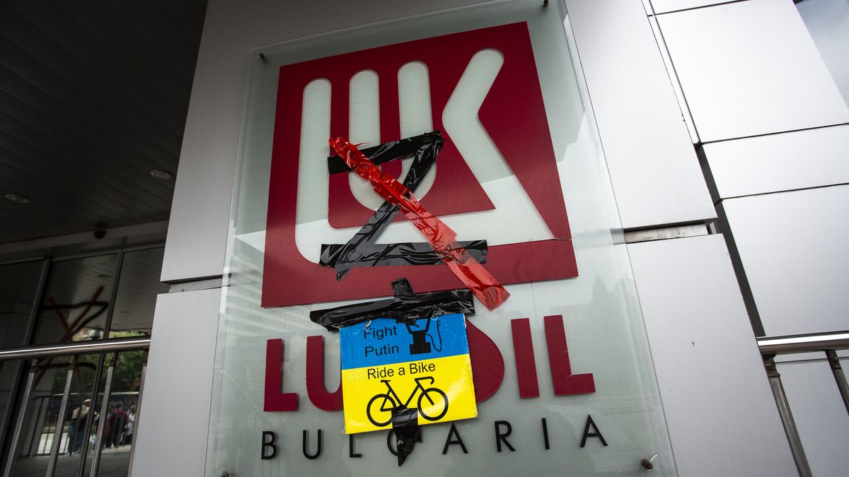 Protesters against Bulgaria's dependence on Russian natural gas and oil marked the building of LUKOIL Bulgaria with the symbol Z on 31 August 2022 in Sofia, Bulgaria. (Photo by Hristo Vladev/NurPhoto via Getty Images)
