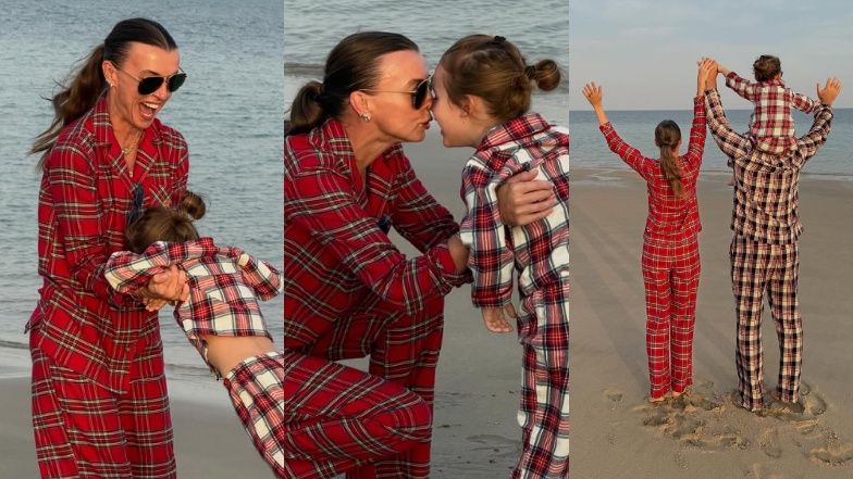 Katarzyna Sokołowska na plaży z synem