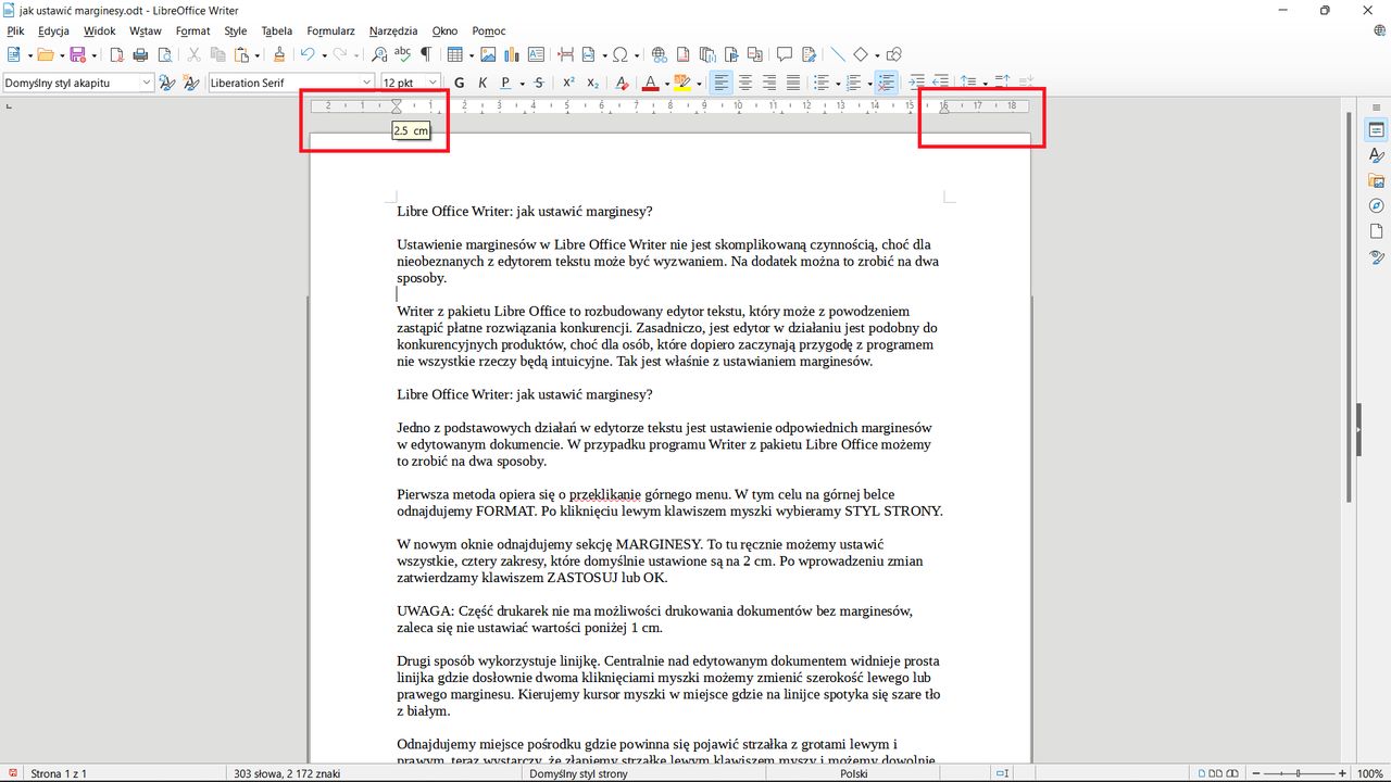 LibreOffice Writer: ręczne ustawianie marginesów