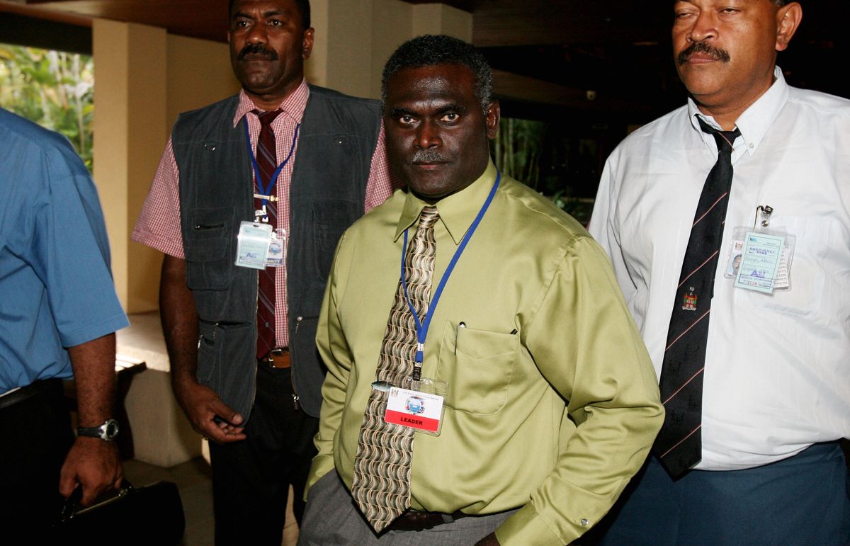Premier Wysp Salomona, Manasseh Sogavare, odpowiedział oburzeniem na reakcję świata, dotyczącą wycieku projektu umowy z Chinami (Photo by Fairfax Media via Getty Images/Fairfax Media via Getty Images via Getty Images)