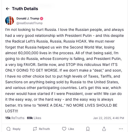 Wpis Donalda Trumpa na truthsocial