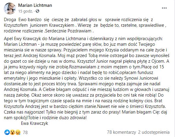 Marian Lichtman odpowiada na apel Ewy Krawczyk