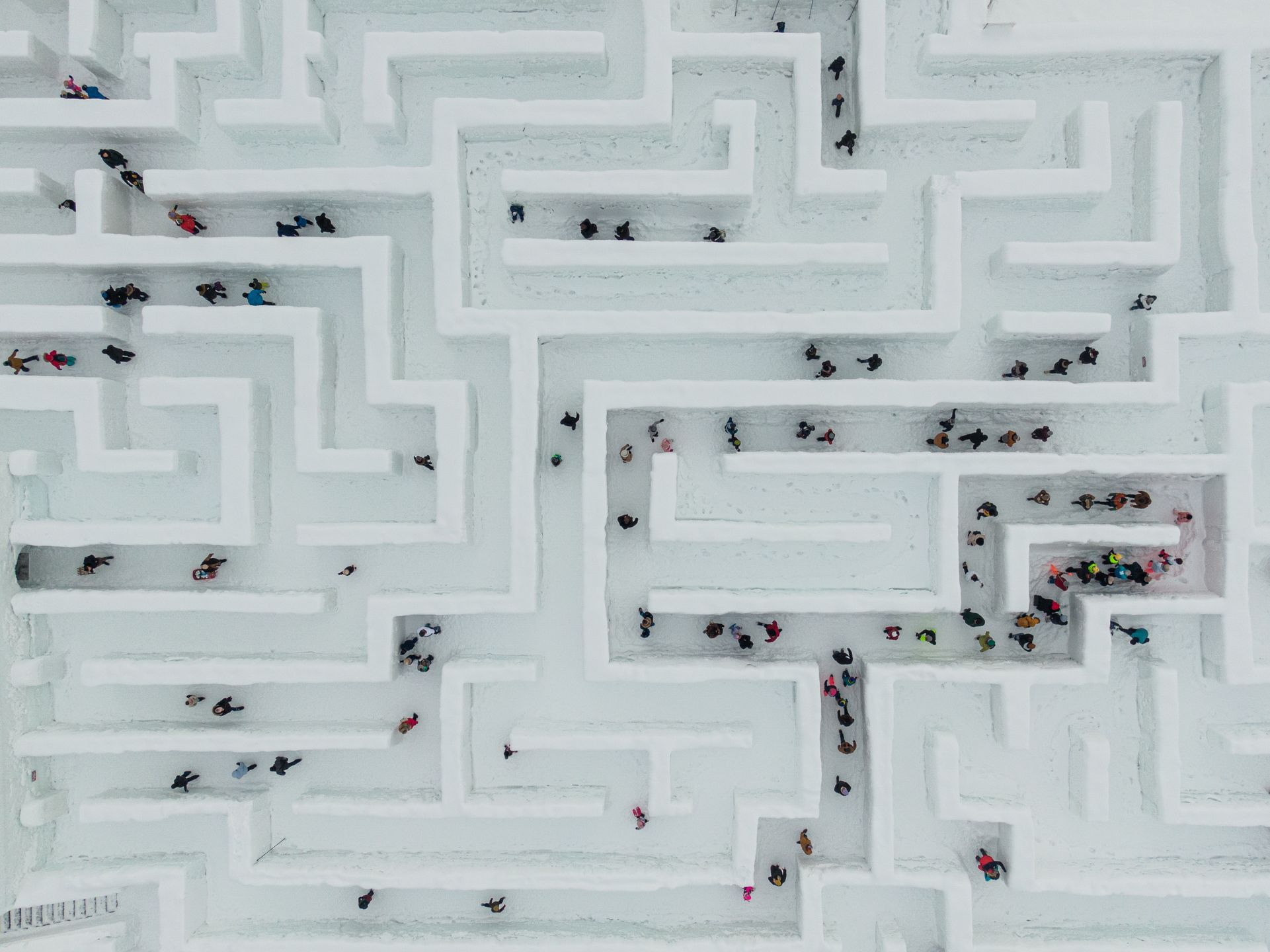 ZAKOPANE, POLAND - JANUARY 21: An aerial view of the Snowlandia Winter Theme Park's labyrinth as people try to find the way out in Zakopane, Poland on January 21, 2023. Established during the 2015/2016 winter season with an area of 2500 square meters, the labyrinth's size increased to 3000 square meters this year as it reopens. (Photo by Omar Marques/Anadolu Agency via Getty Images)