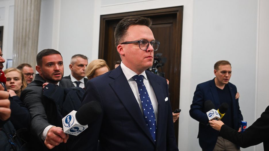 WARSAW, POLAND - DECEMBER 12: Speaker of the Parliament, Szymon Holownia talks to the press after Grzegorz Braun, member of far-right political alliance Confederation used a fire extinguisher to put out the Hanukkah menorah candles at the Parliament (SEJM) on December 12, 2023 in Warsaw, Poland. on December 12, 2023 in Warsaw, Poland. After eight years of Poland's national conservative party in power, centrist Donald Tusk is back and set to forge a pro-EU government. (Photo by Omar Marques/Getty Images)