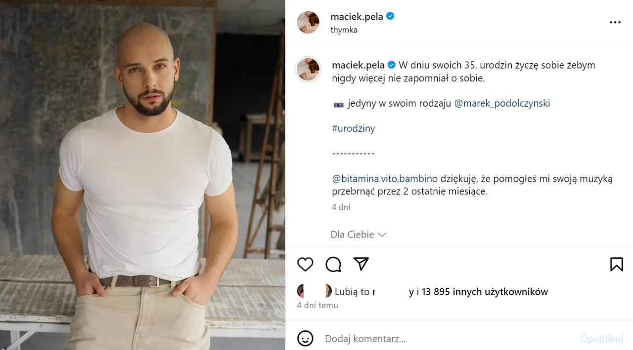 Wpis Macieja Peli na Instagramie