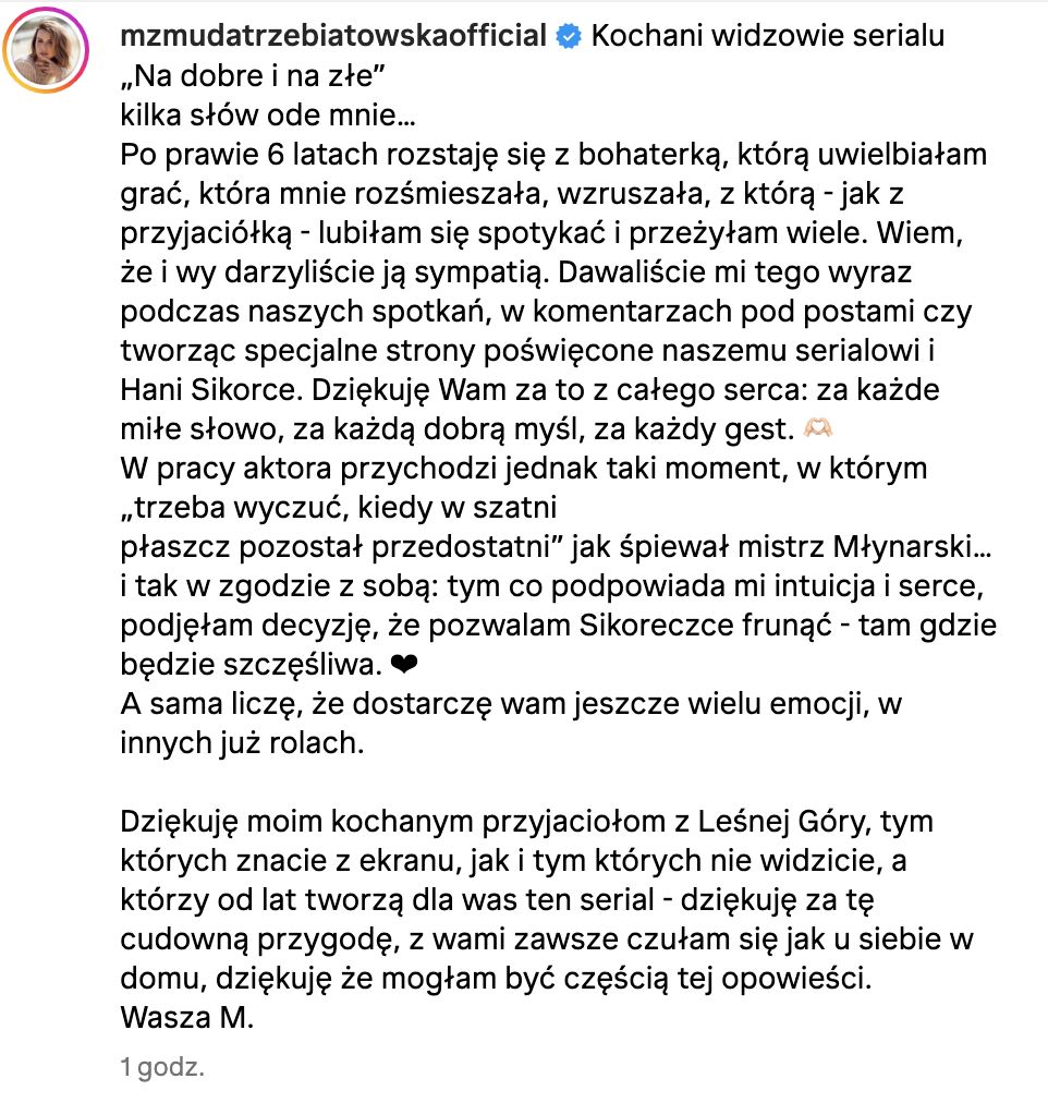 Marta Żmuda Trzebiatowska odchodzi z "Na dobre i na złe"