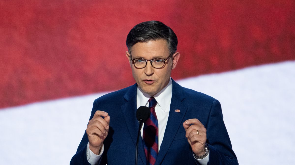 UNITED STATES - JULY 16: Speaker of the House Mike Johnson, R-La., speaks at the Republican National Convention in Milwaukee on Tuesday, July 16, 2024. (Bill Clark/CQ-Roll Call, Inc via Getty Images)