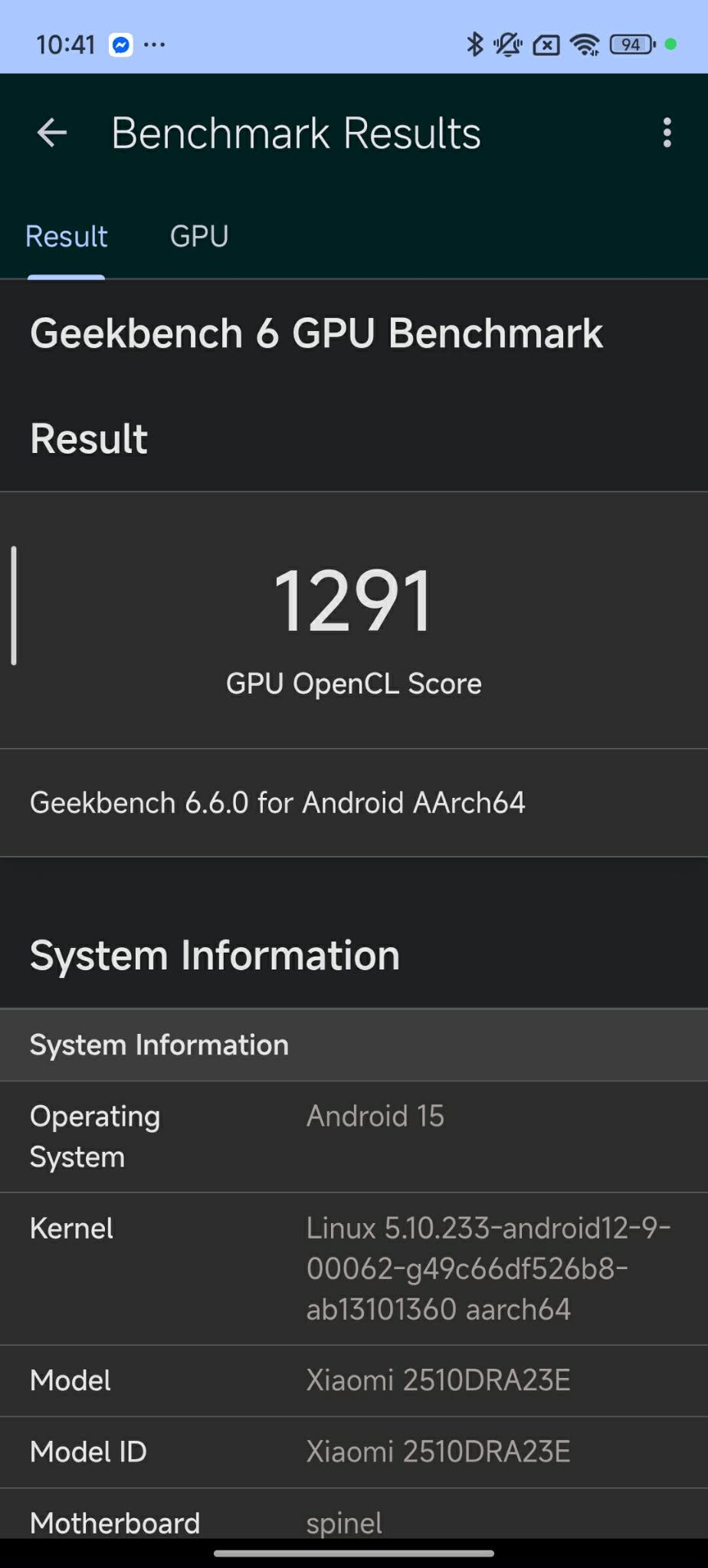 Wynik układu graficznego Xiaomi Redmi Note 15 4G w Geekbench 6