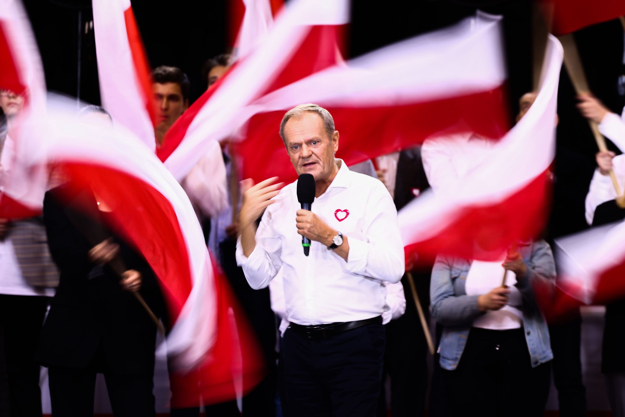 Donald Tusk, the leader of Civic Platform (PO) opposition alliance, speaks during election convention in Katowice, Poland on October 12, 2023. This year's parliamentary elections will be held in Poland on October 15th.  (Photo by Beata Zawrzel/NurPhoto via Getty Images)