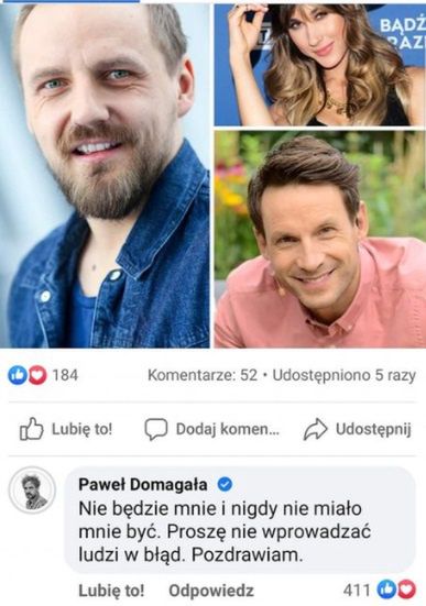 Usunięty komentarz Pawła Domagały pod postem z jego wizerunkiem.
