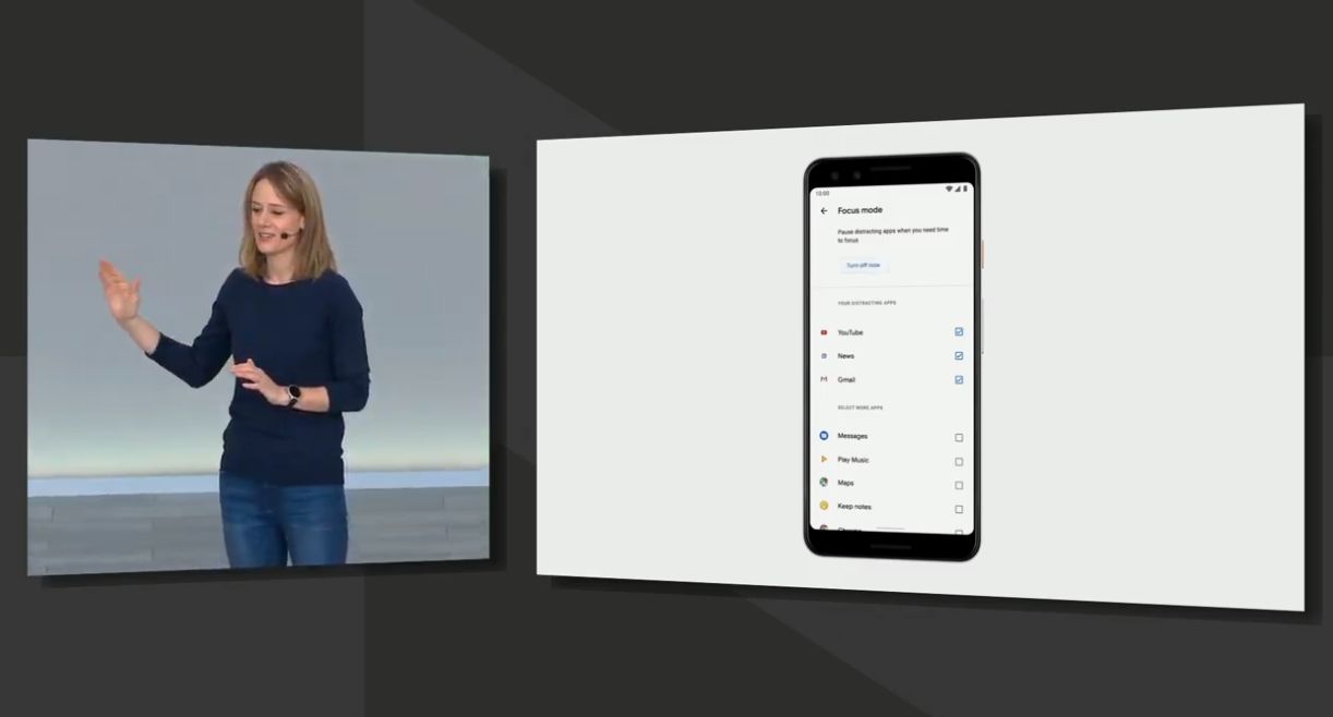 Tryb skupienia, fragment prezentacji Google I/O 2019, źrodło: Google.