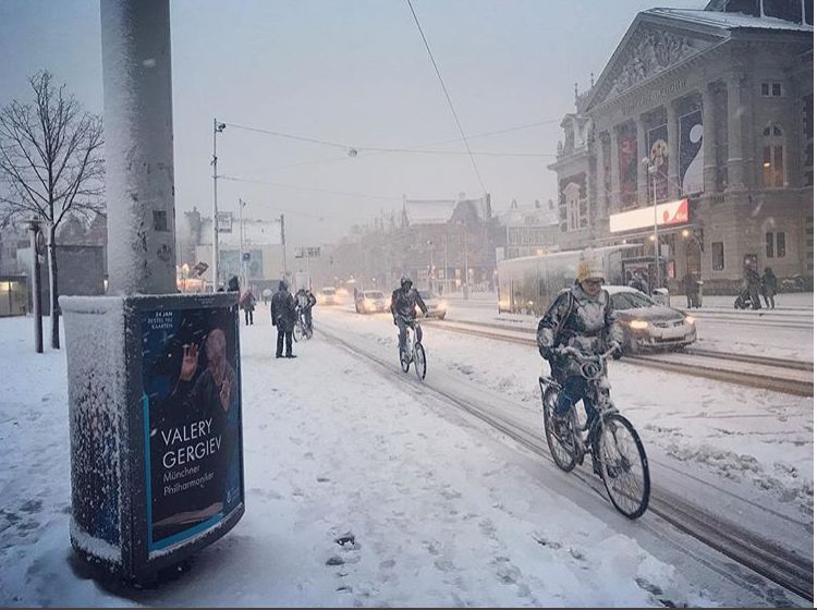 Zima zaatakowała Holandię. Przez śnieżycę rowerami