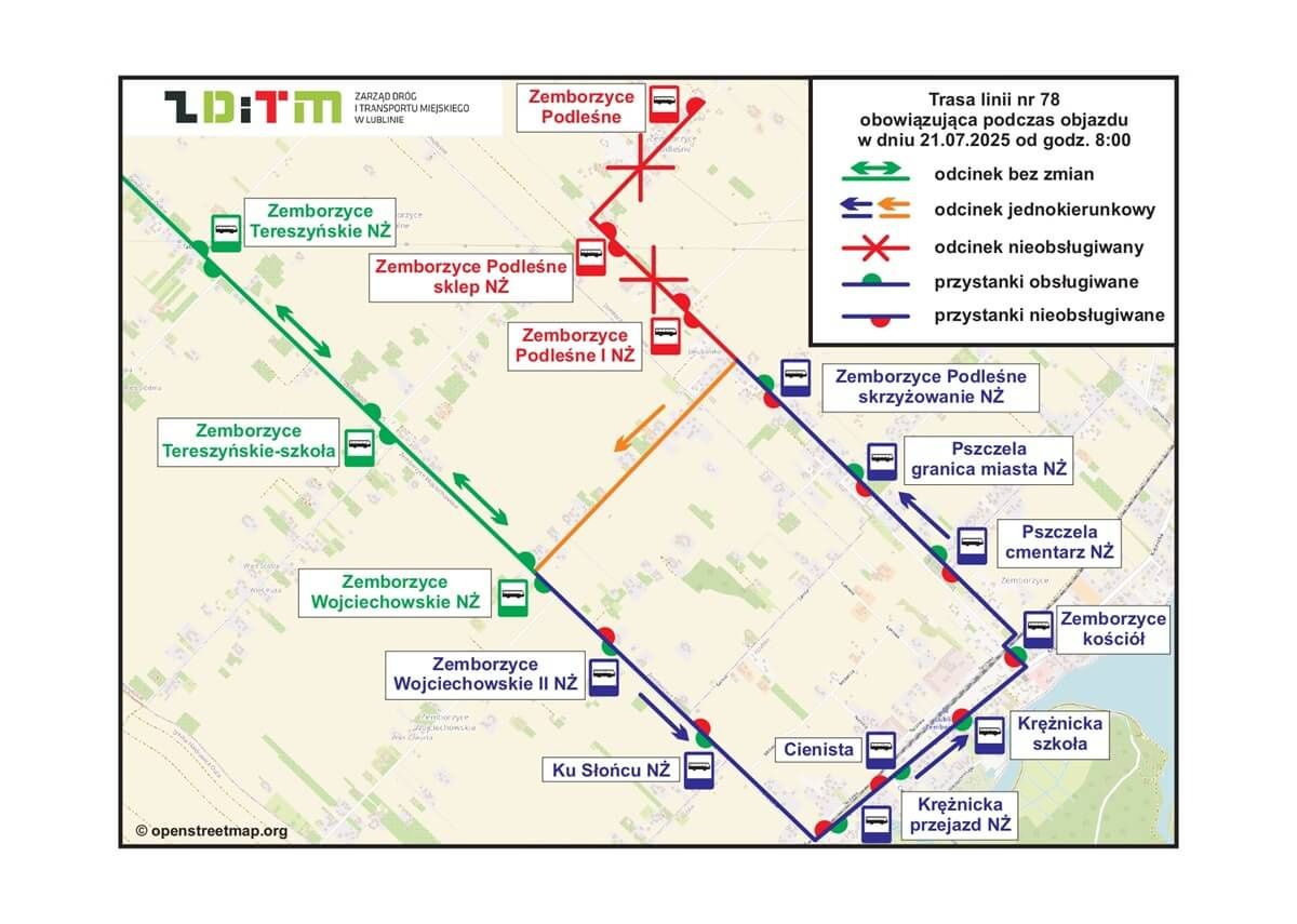 Trasa objazdu linii nr 78 w poniedziałek, 21 lipca