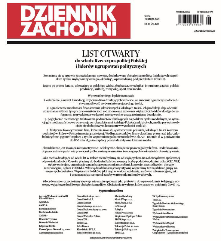 List otwarty na okładce Dziennika Zachodniego