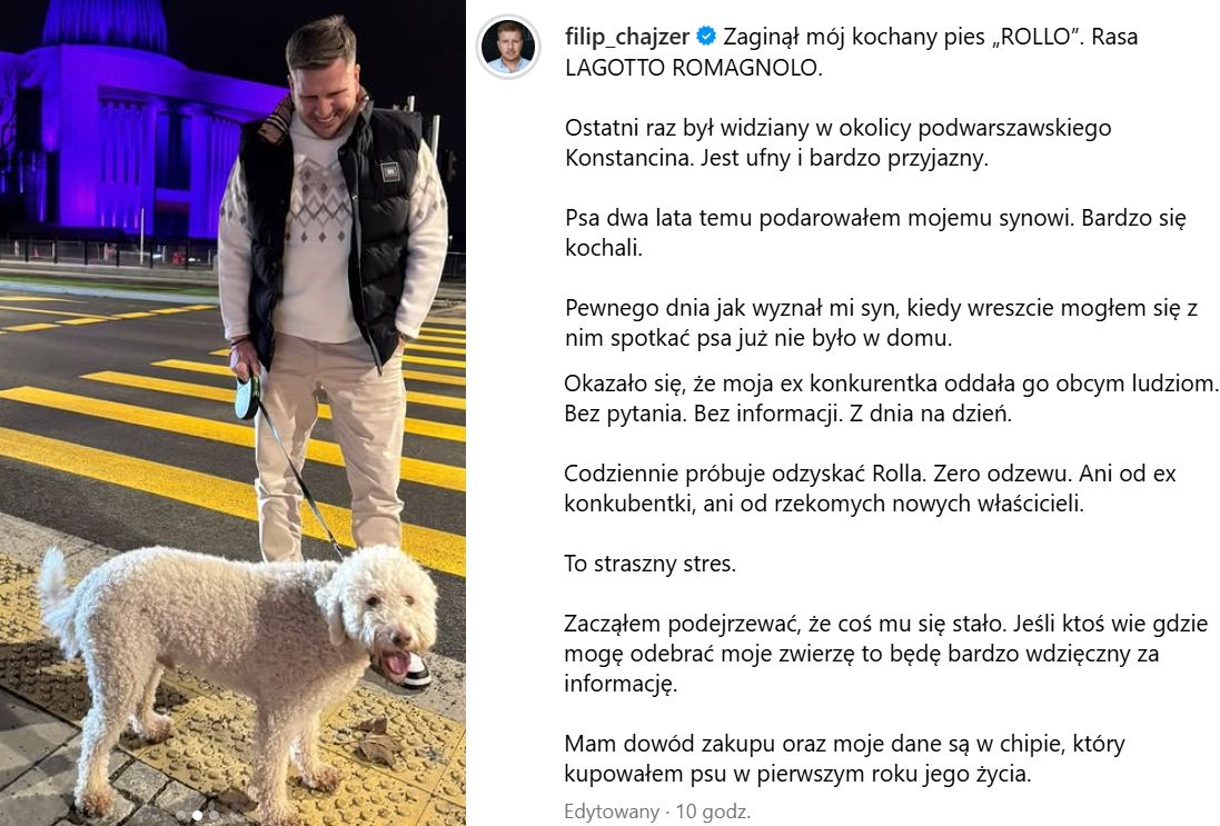 Wpis Filipa Chajzera na Instagramie