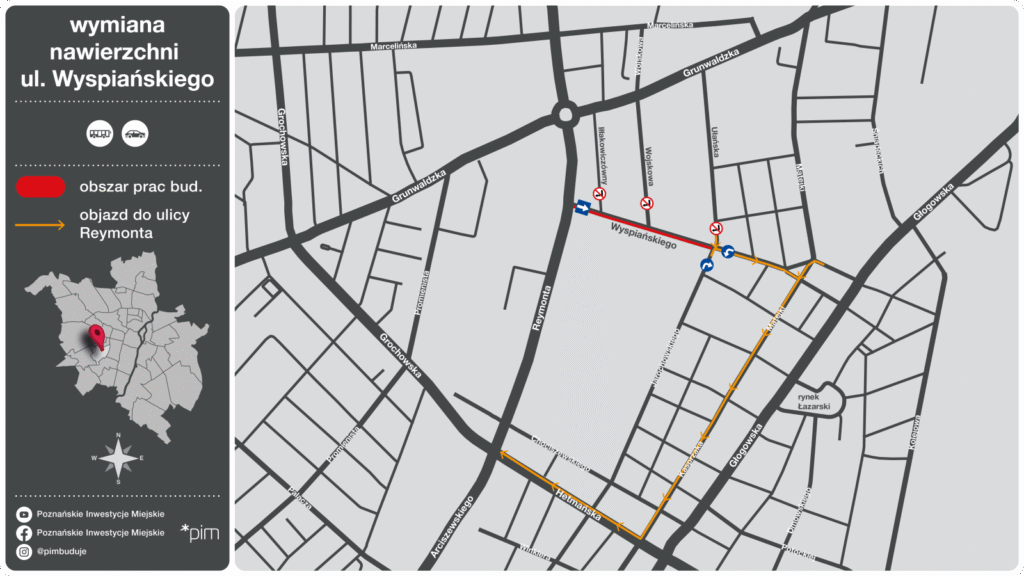 Poznań: Zmiany w organizacji ruchu na ul. Wyspiańskiego. Trwa wymiana nawierzchni