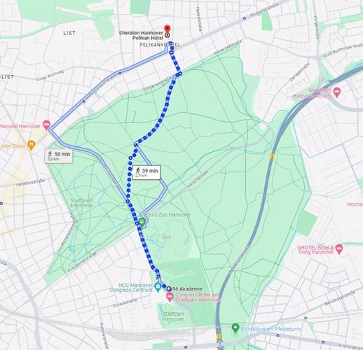 Trasa z hotelu Sheraton Pelikan do obiektów treningowych Hannoveru