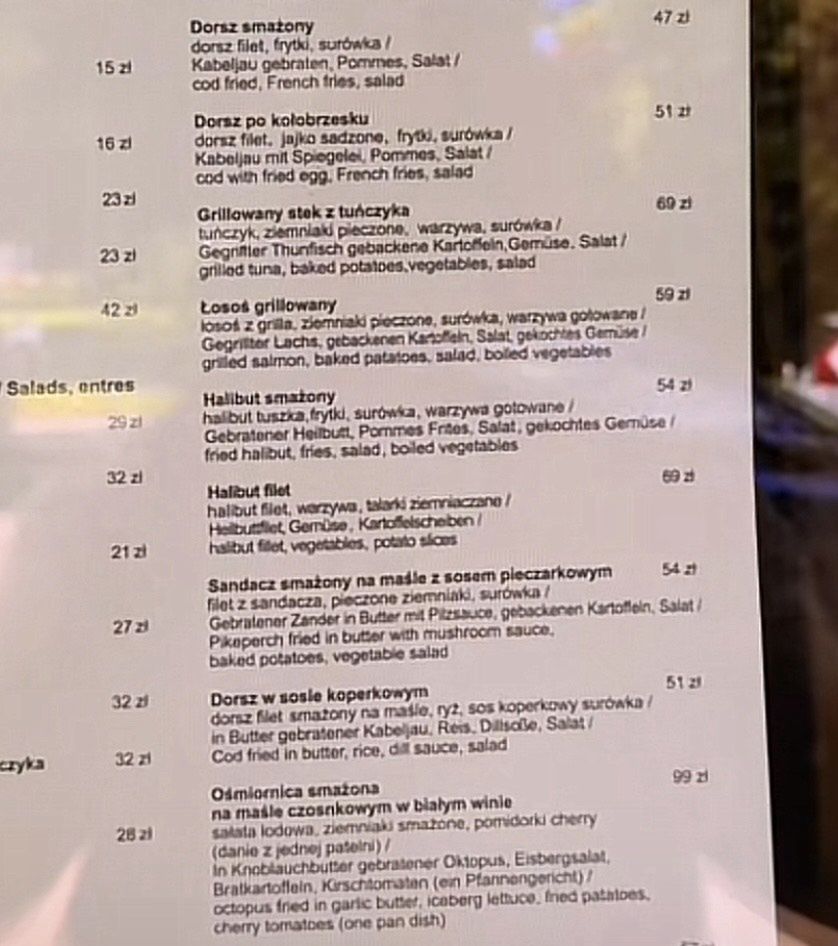 Menu i ceny w Restauracji "Barka" w Kołobrzegu
