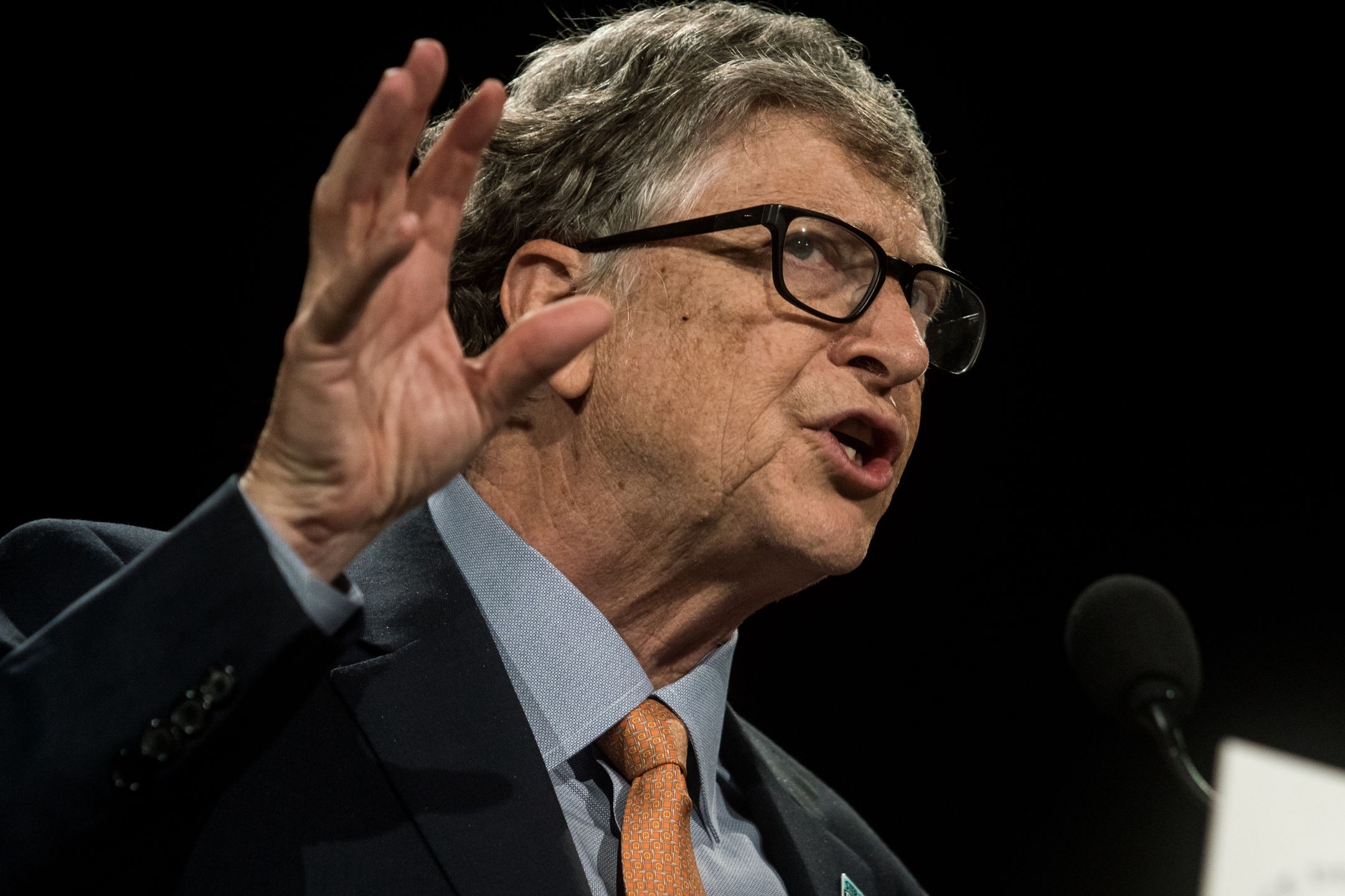 Bill Gates delivers a speech at the fundraising day at the Sixth World Fund Conference in Lyon, France, on October 10, 2019. (Photo by Nicolas Liponne/NurPhoto via Getty Images)
