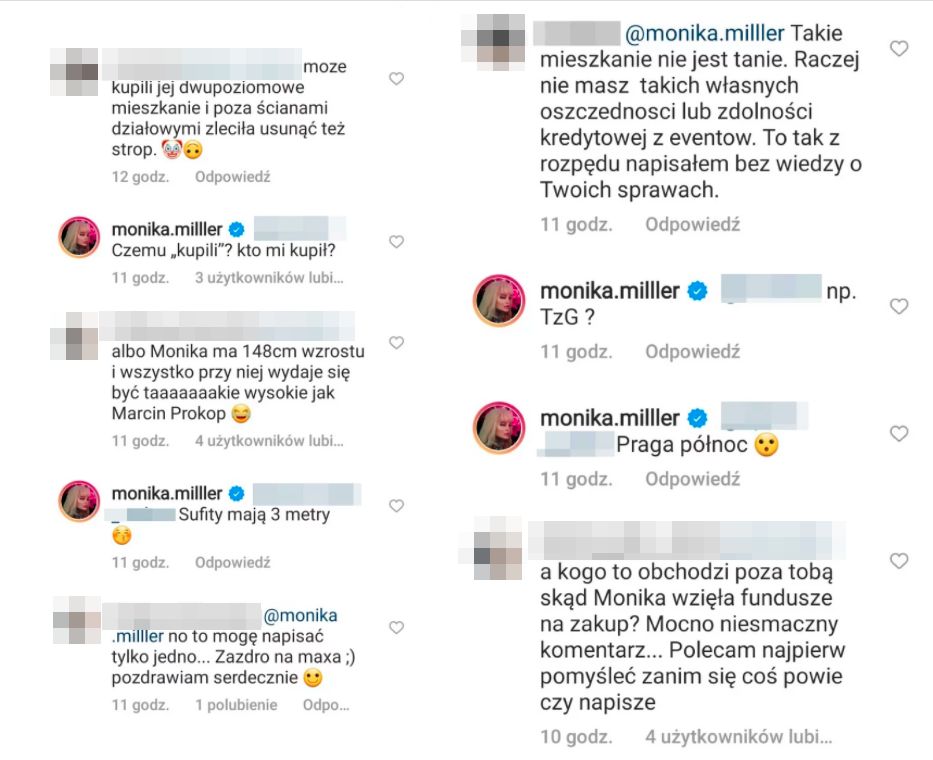 Wymiana komentarzy między Moniką Miller i internautami 