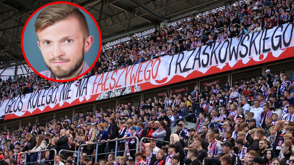 PAP/EPA / PAP/EPA / Jarek Praszkiewicz  / Na zdjęciu: transparent kibiców Górnika Zabrze przeciwko Rafałowi Trzaskowskiemu, w kółku Przemysław Nosal