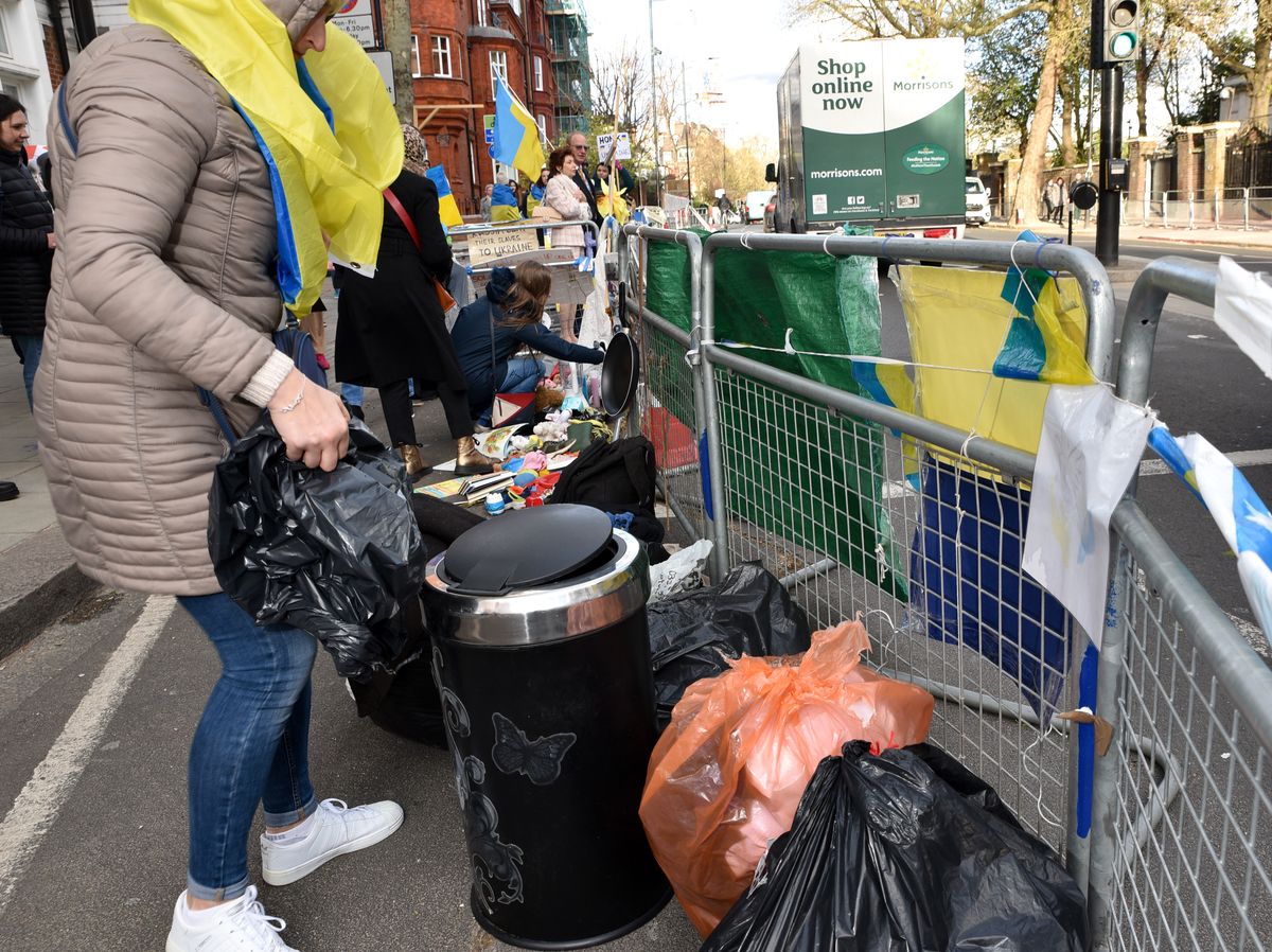 LONDON, UNITED KINGDOM - APRIL 07, 2022: Demonstrators take part in a protest against war crimes in Ukraine opposite the Russian embassy in London, on April 7, 2022. Protesters leave symbols of Russian looting in Ukraine. (Photo credit should read Matthew Chattle/Future Publishing via Getty Images)