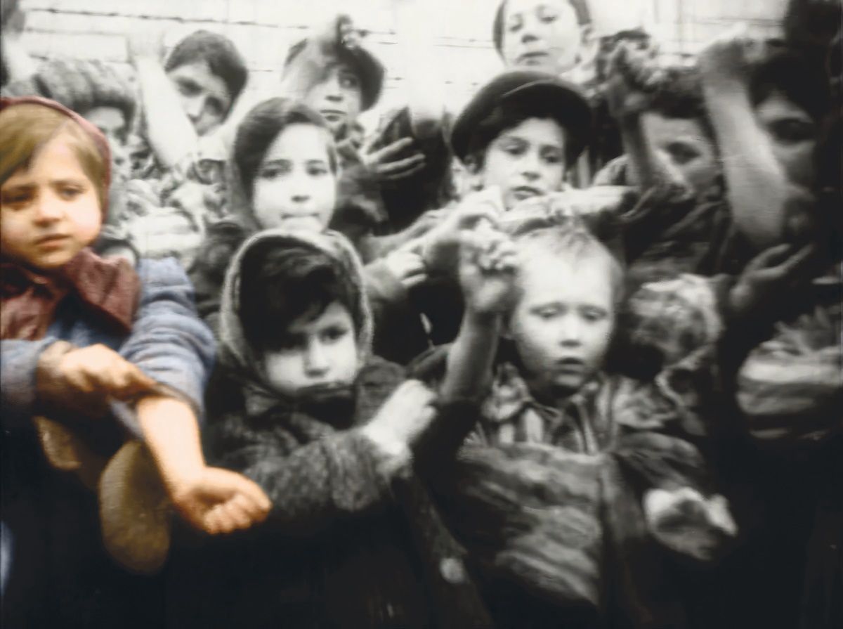 Tova (wyróżniona kolorem po lewej) i inne ocalałe dzieci pokazują swoje tatuaże radzieckim fotografom po wyzwoleniu obozu Birkenau, 1945 r.