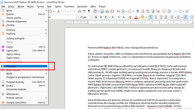 LibreOffice Writer: menu PLIK, Eksportuj