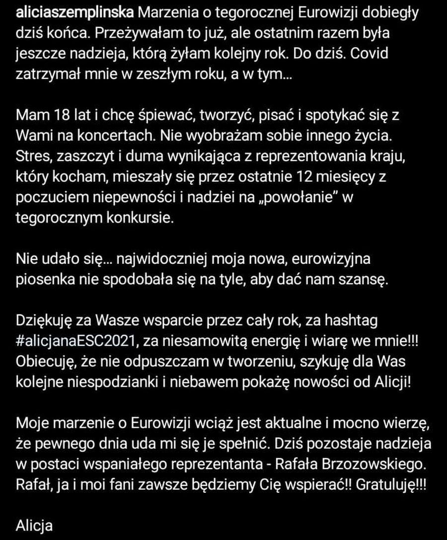 Alicja Szemplińska komentuje fakt, że nie jedzie na Eurowizję