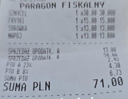 Tyle zapłacił za obiad dla jednej osoby.