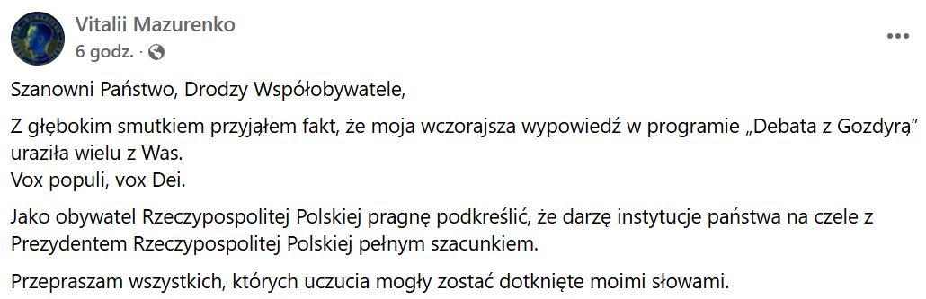 Mazurenko opublikował przeprosiny