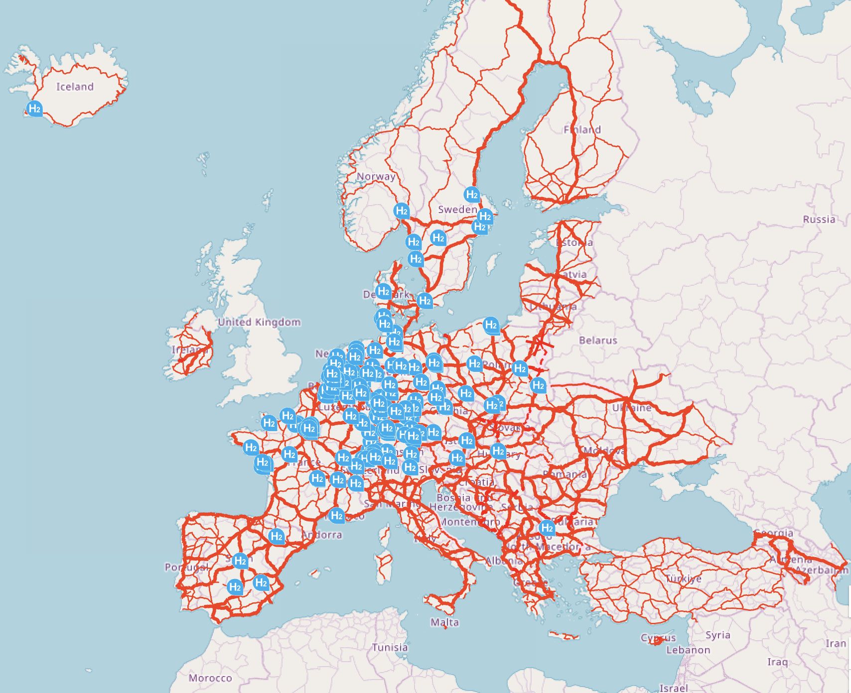 Mapa stacji tankowania wodoru przy drogach sieci TEN-T