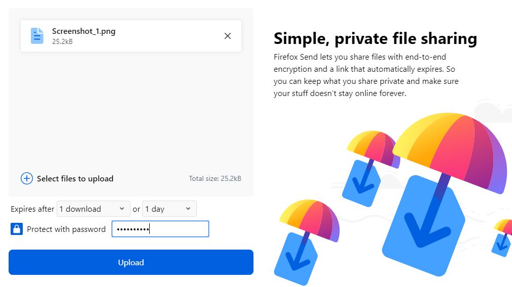 Wysyłanie pliku przez Firefox Send.