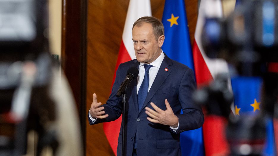 Polish Prime Minister Donald Tusk is speaking during a press conference after a government meeting in Warsaw, Poland, on January 3, 2024. (Photo by Foto Olimpik/NurPhoto via Getty Images)
